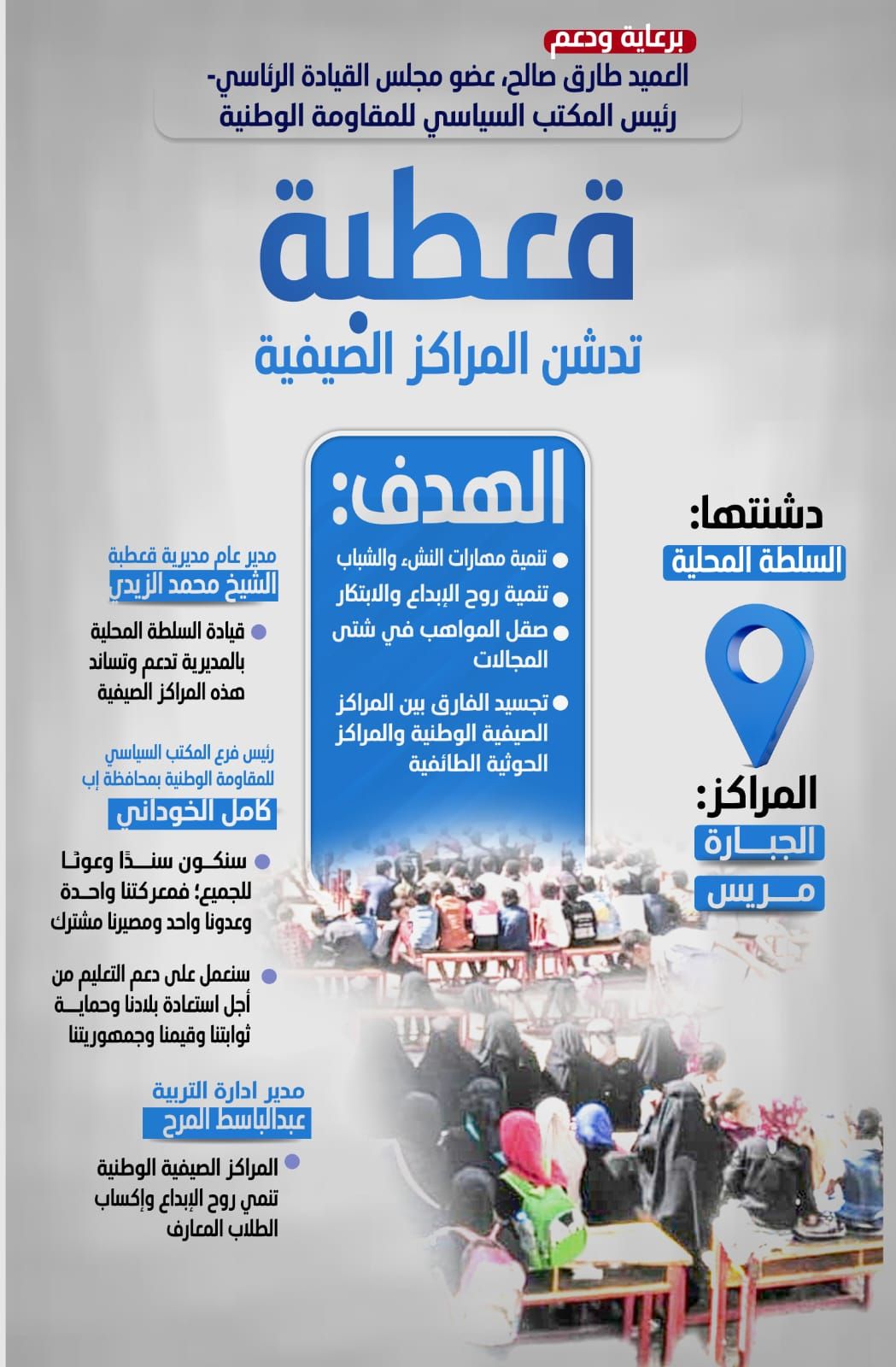 انفوجرافيك| برعاية ودعم العميد #طارق_صالح.. السلطة المحلية في قعطبة تدشن المراكز الصيفية