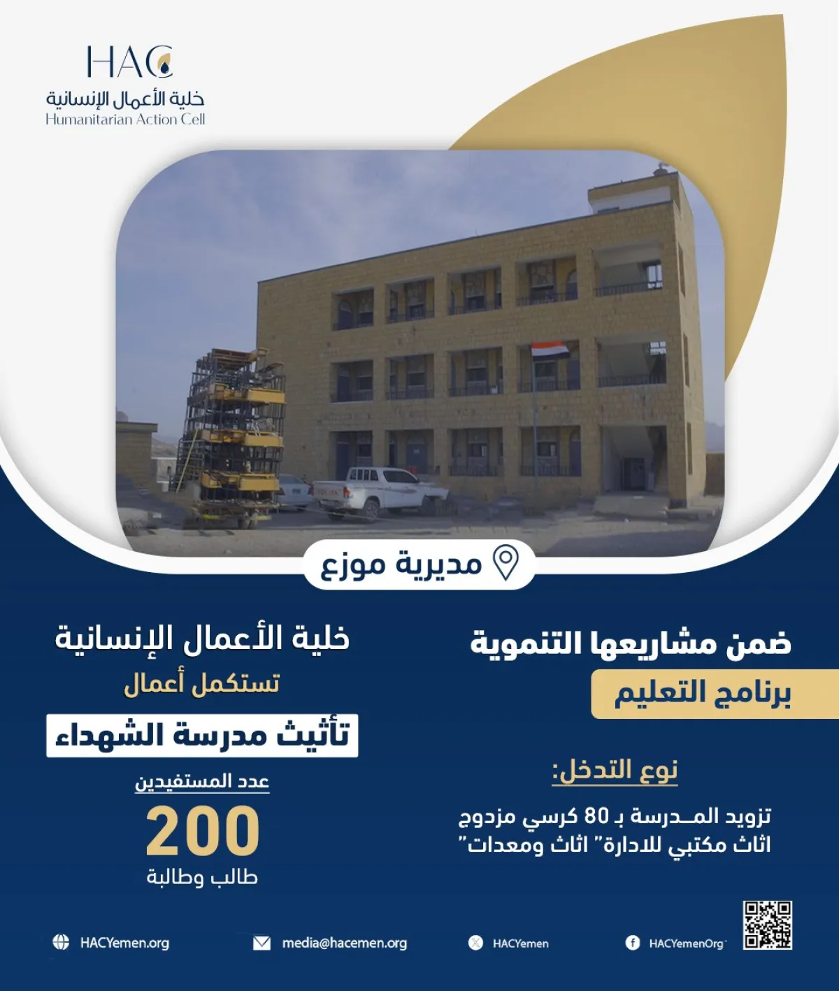 أنفوجرافيك| خلية الأعمال الإنسانية ترفد مدرسة الشهداء في موزع بكراسٍ وأثاث مكتبي