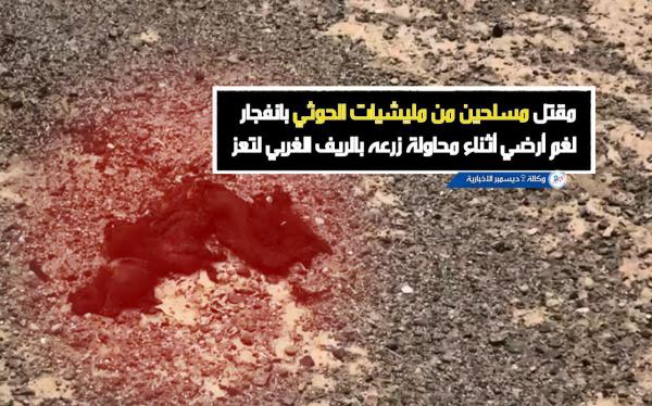 مقتل مسلحين من مليشيات الحوثي بانفجار لغم أرضي أثناء محاولة زرعه بالريف الغربي لتعز