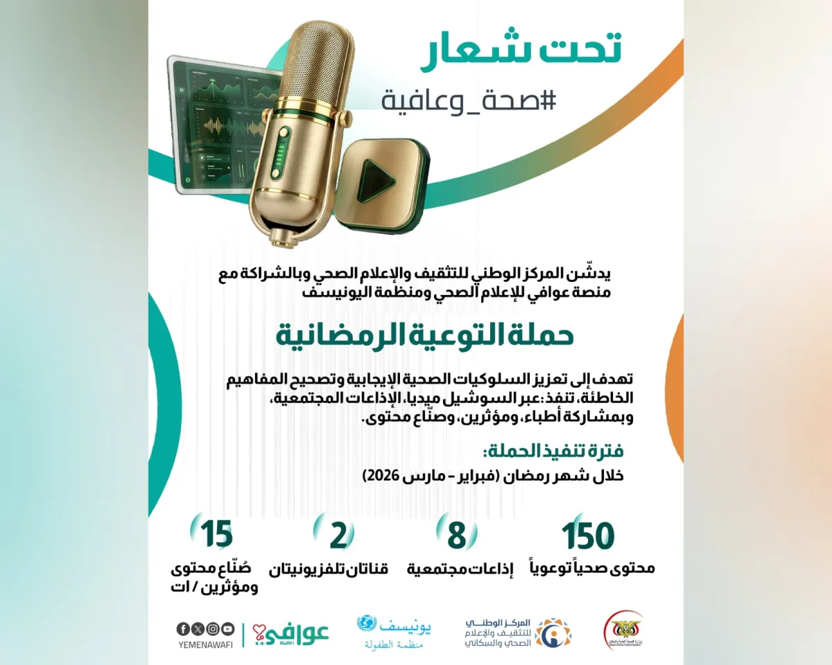 الصحة تطلق حملة «صحة وعافية» لتعزيز الوعي الوقائي خلال رمضان بالشراكة مع اليونيسف