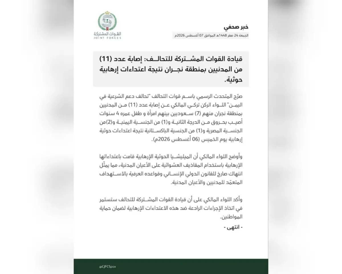 التحالف: إصابة 11 مدنيًا في نجران باعتداءات حوثية إرهابية وسنتخذ الإجراءات الرادعة
