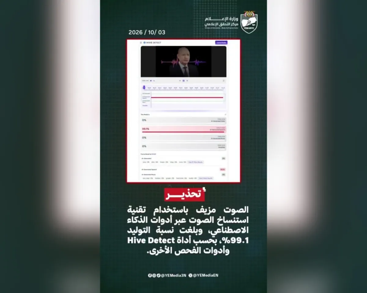 مركز التحقق: التسجيل المنسوب للعليمي بشأن اتفاق مع إسرائيل مفبرك بالذكاء الاصطناعي أنتجته مليشيا الحوثي